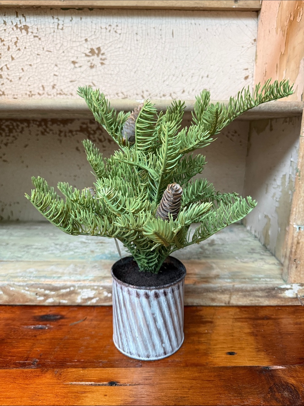 🎄 14” Spruce PE with Faux Pine Tabletop Shrub in Rustic Metal Pot